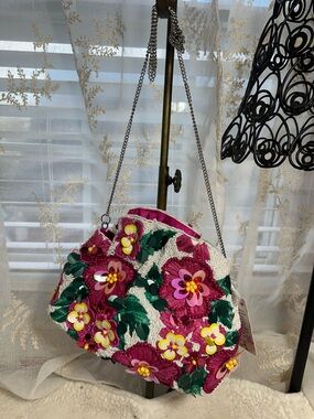 Made in India white beaded with pink floral flowers, Crossbody bag